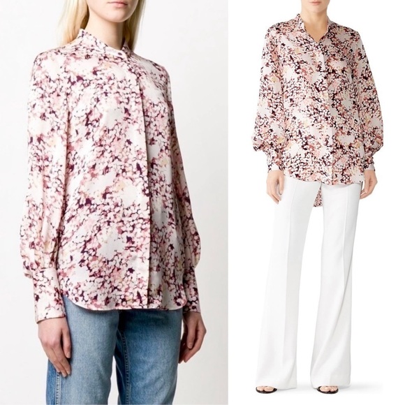 EQUIPMENT Floral Satin Draped Puff Long Sleeve Button Up Stand Collar Blouse S - Picture 7 of 13